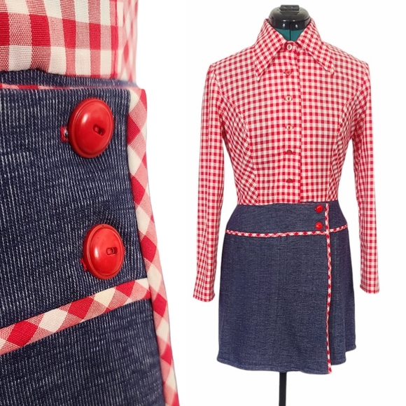 Quincy Pants - 1960s Romper 1970s Jumpsuit Vintage Mini Dress Shorts Red White Blue Gingham